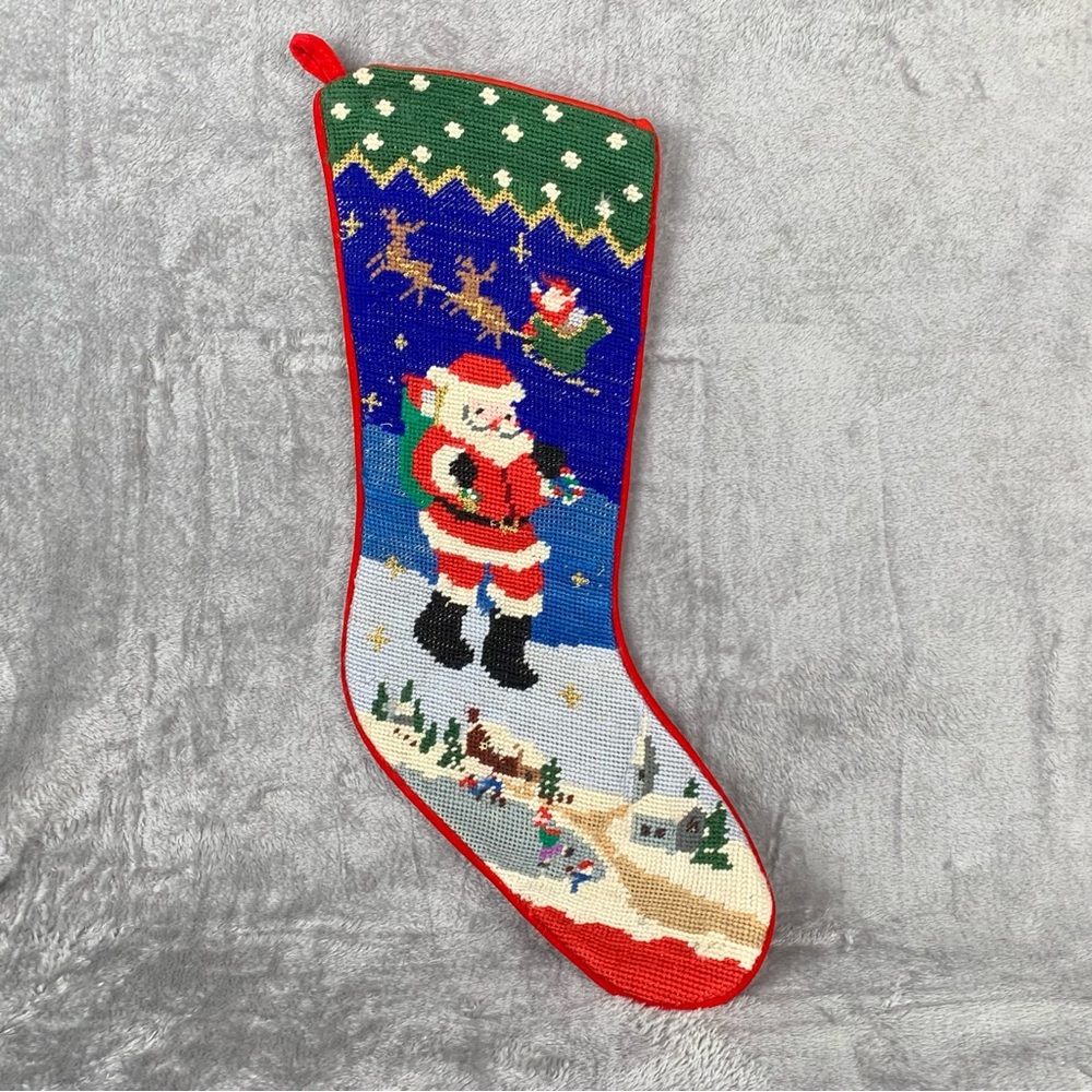 Vintage Needlepoint Christmas Stocking Santa Claus With Sleigh‎ & Ice Skaters